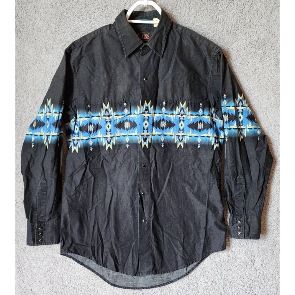 Plains Western Wear Black Pearl Snap Long Sleeve Blue Aztec Print Shirt Size M